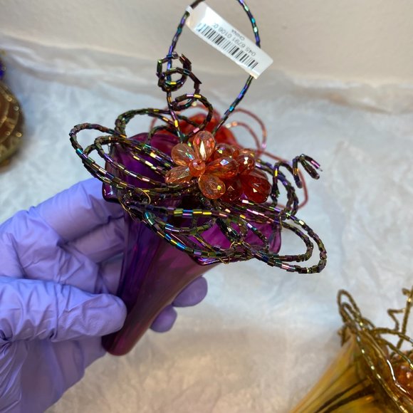 Christmas Ornaments Glass Lily W Beaded Color Purple Red Gold Set of 3 NWT - Picture 4 of 14